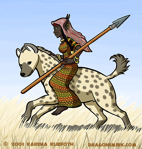 An elf and her hyena race through the grasslands.